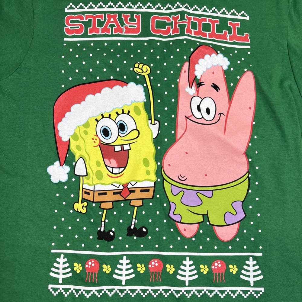 Christmas SpongeBob Patrick Stay Chill Cartoon Green Cotton T-shirt Size M